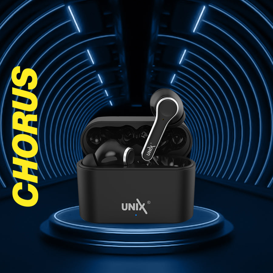 Unix UX-470 Chorus Wireless Earbuds | 8-Hour Music Time & Fast Charging Case Black front