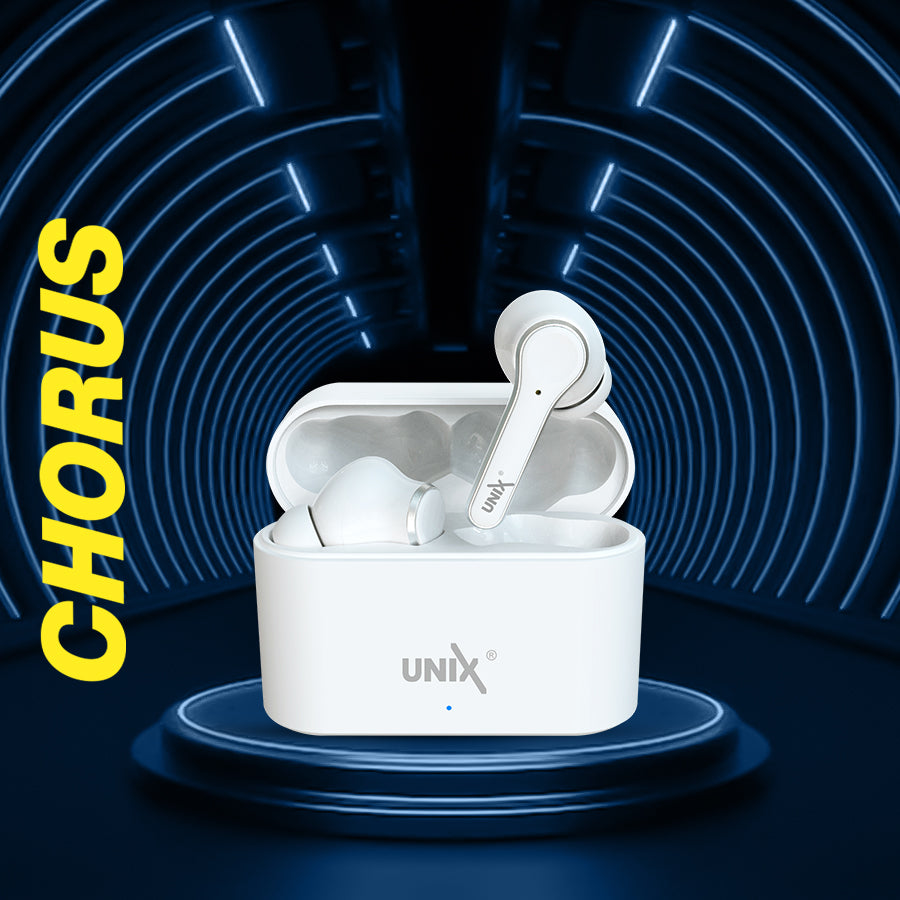 Unix UX-470 Chorus Wireless Earbuds | 8-Hour Music Time & Fast Charging Case White front