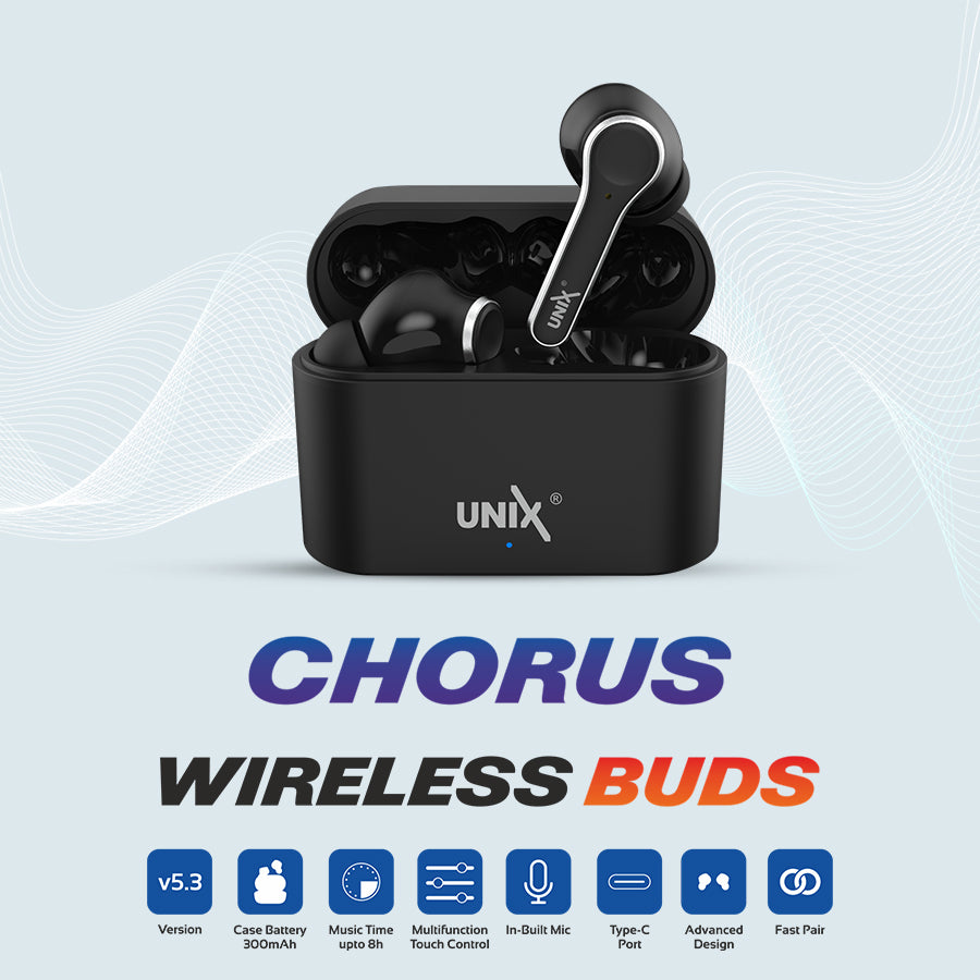 Unix UX-470 Chorus Wireless Earbuds | 8-Hour Music Time & Fast Charging Case Black back