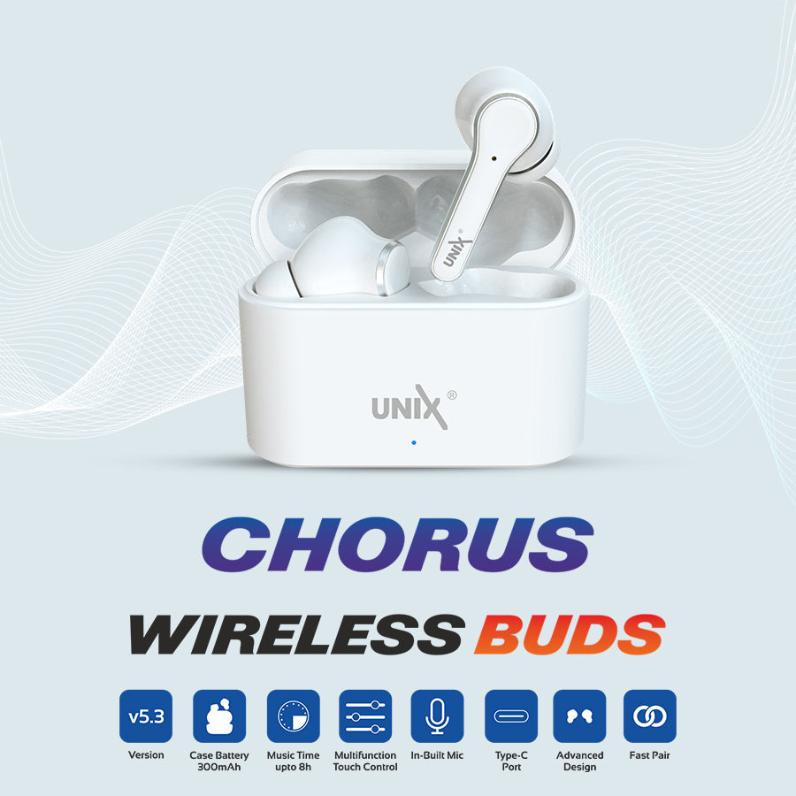 Unix UX-470 Chorus Wireless Earbuds | 8-Hour Music Time & Fast Charging Case White back