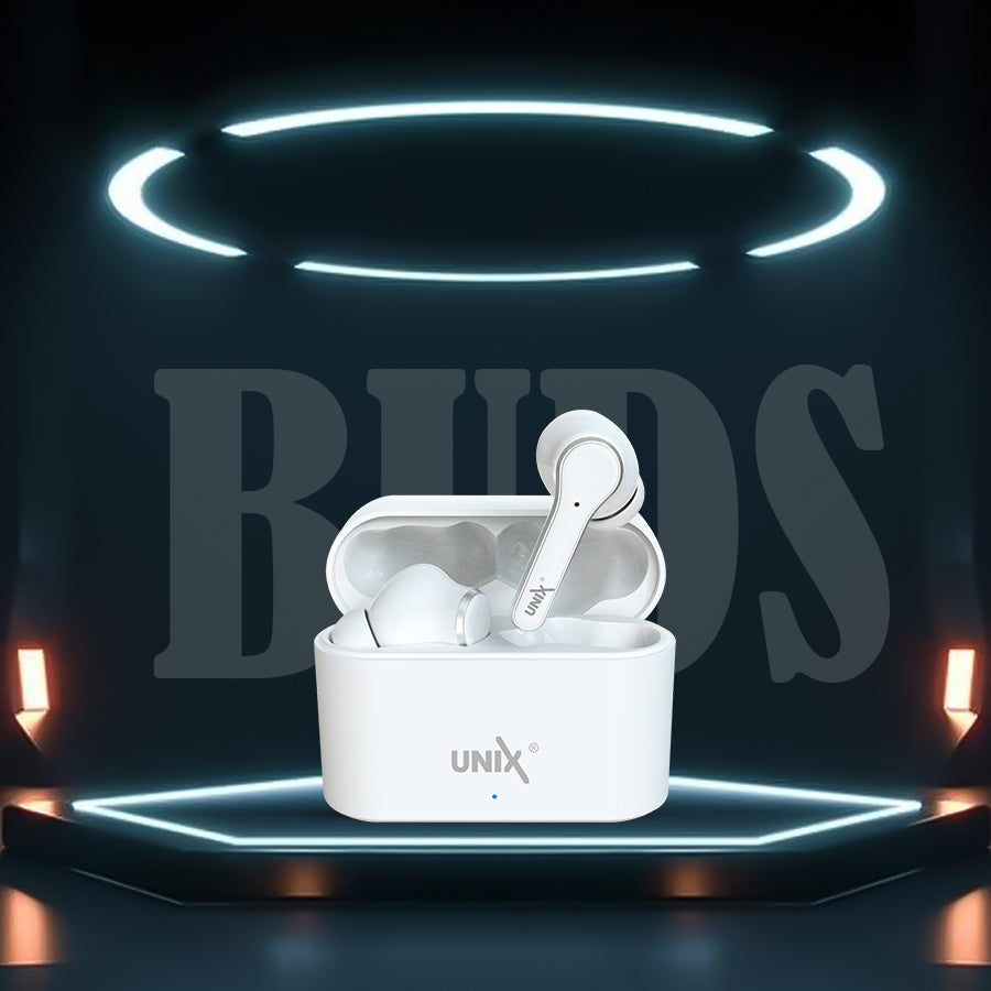 Unix UX-470 Chorus Wireless Earbuds | 8-Hour Music Time & Fast Charging Case White design