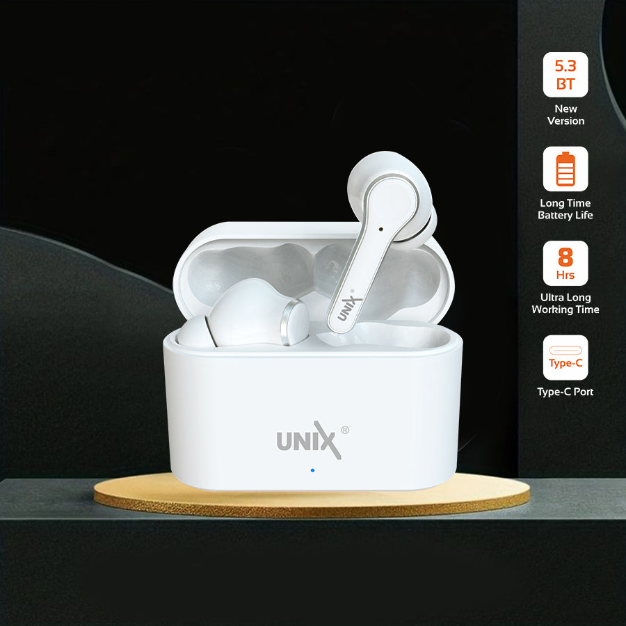 Unix UX-470 Chorus Wireless Earbuds | 8-Hour Music Time & Fast Charging Case White left
