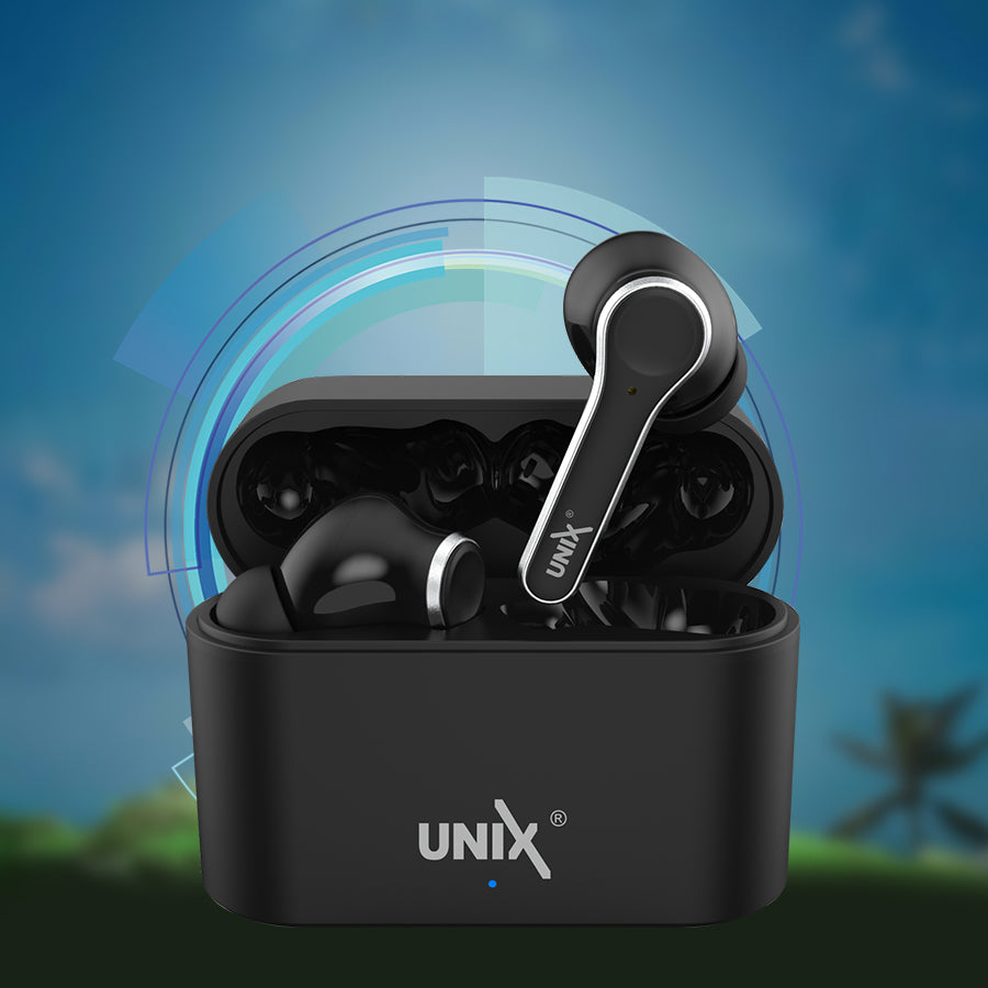 Unix UX-470 Chorus Wireless Earbuds | 8-Hour Music Time & Fast Charging Case Black down
