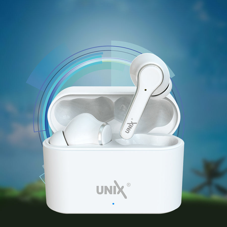 Unix UX-470 Chorus Wireless Earbuds | 8-Hour Music Time & Fast Charging Case White right