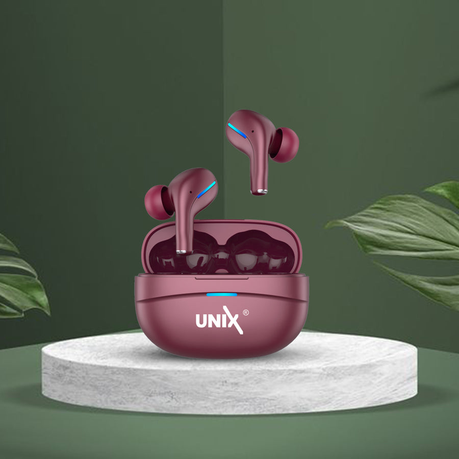 Unix UX-800 Best Wireless Earbuds - Long Battery Life and Fast Pairing Maroon front