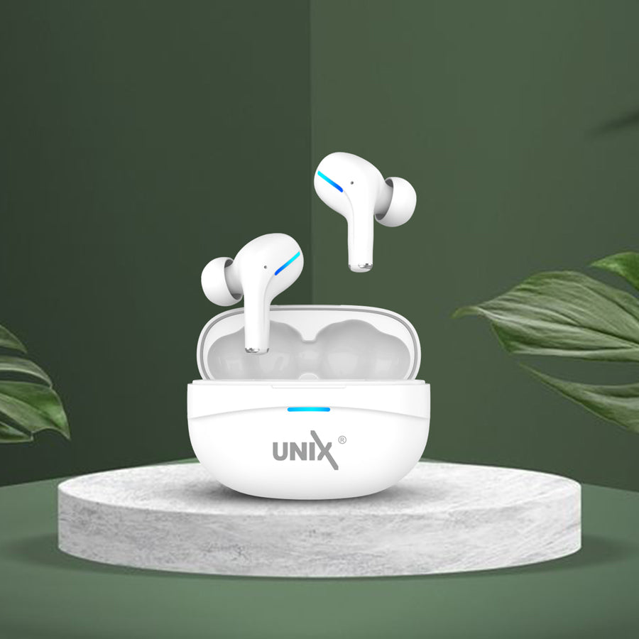 Unix UX-800 Best Wireless Earbuds - Long Battery Life and Fast Pairing White front