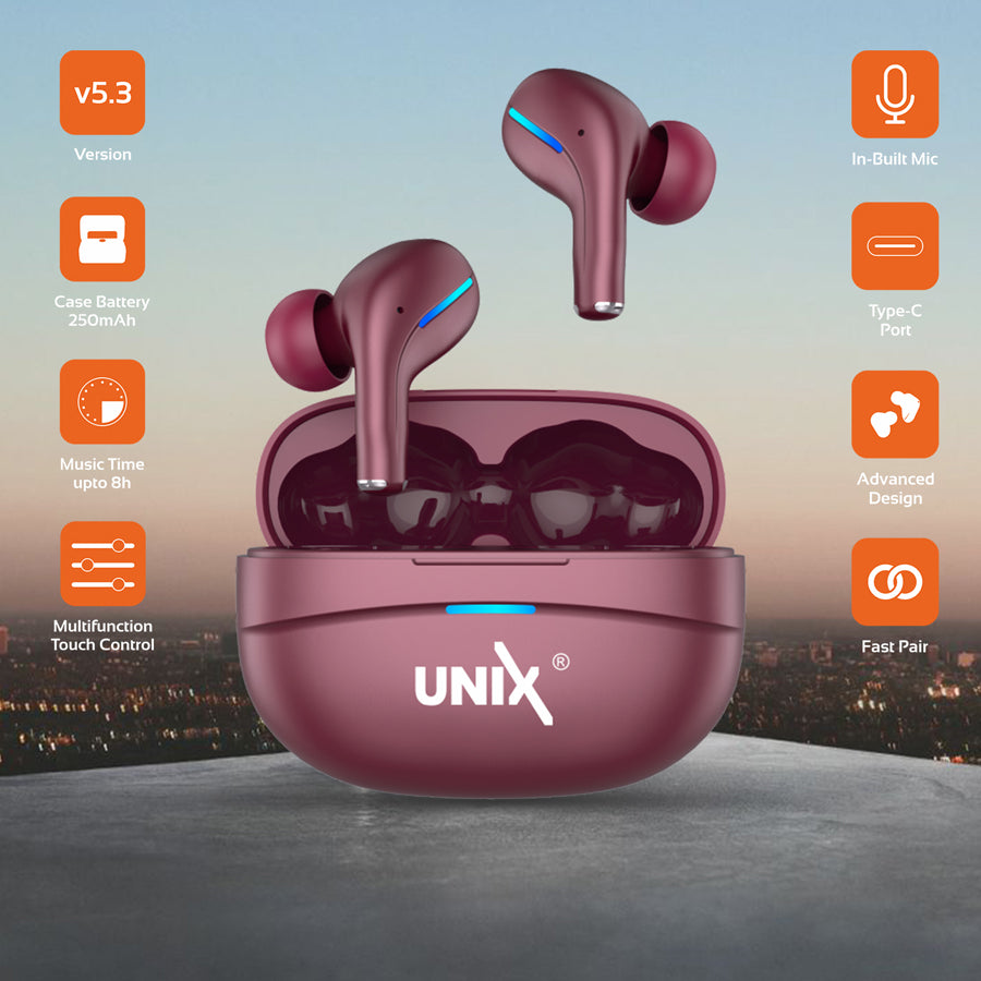 Unix UX-800 Best Wireless Earbuds - Long Battery Life and Fast Pairing Maroon up