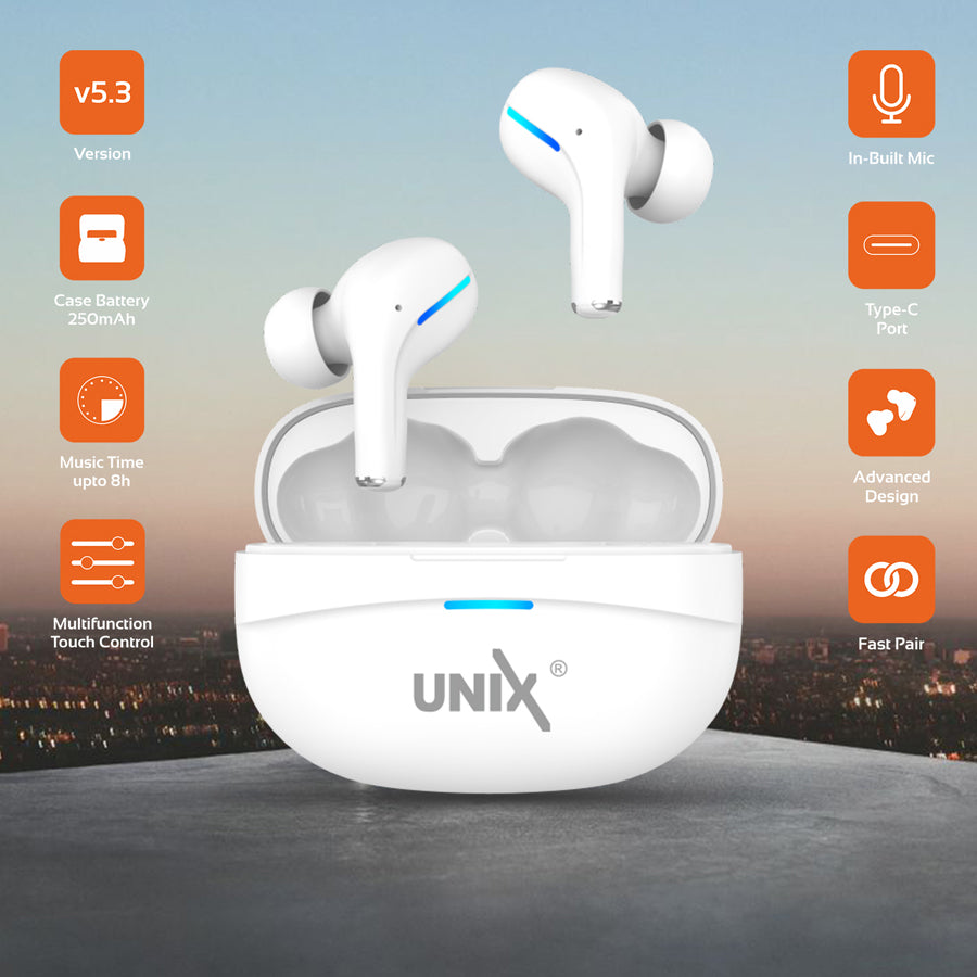 Unix UX-800 Best Wireless Earbuds - Long Battery Life and Fast Pairing White up