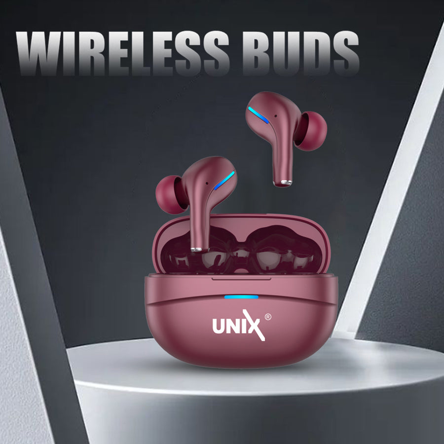 Unix UX-800 Best Wireless Earbuds - Long Battery Life and Fast Pairing Maroon down