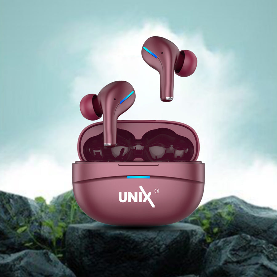 Unix UX-800 Best Wireless Earbuds - Long Battery Life and Fast Pairing Maroon all