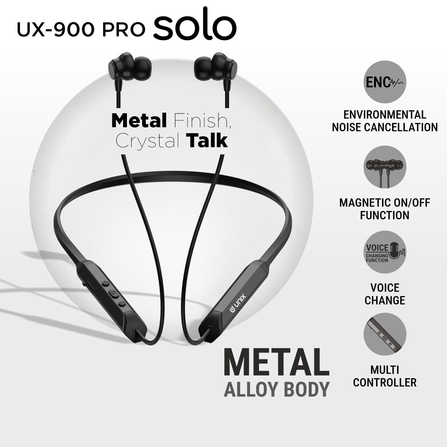 Unix Solo UX-900 PRO Bluetooth Neckband | Voice Changer | 62Hrs Playtime | ENC | Type-C | Magnetic Buds