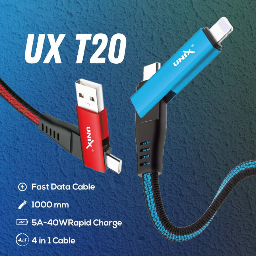 Unix UX-T20 All-In-One Fast Data Cable - 180 Rotation, 5A-40W Rapid Charge front