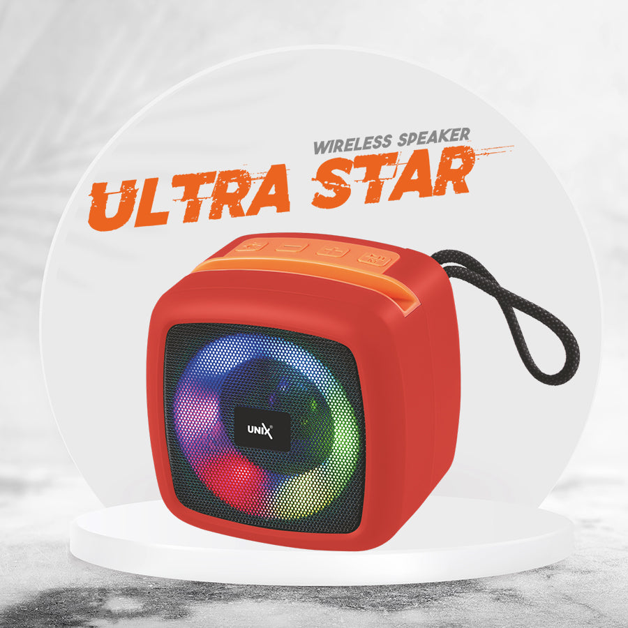Unix XB-U55 Ultra Star Wireless Speaker - Compact Design, Vibrant Sound, RGB Lighting Red down