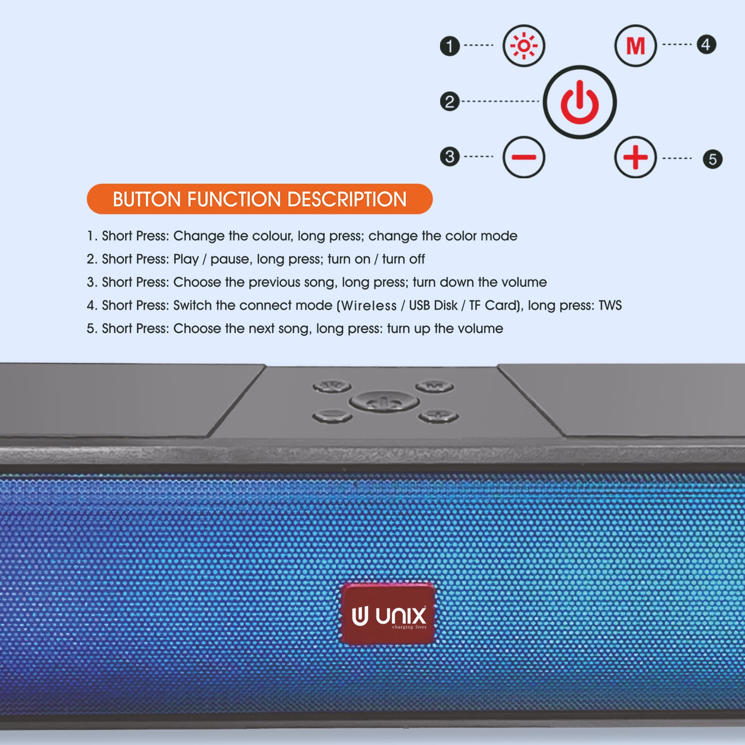 Unix XB-U77 Megabass Soundbar Wireless Speaker - High-Fidelity Audio & RGB Lighting - Unixindia.