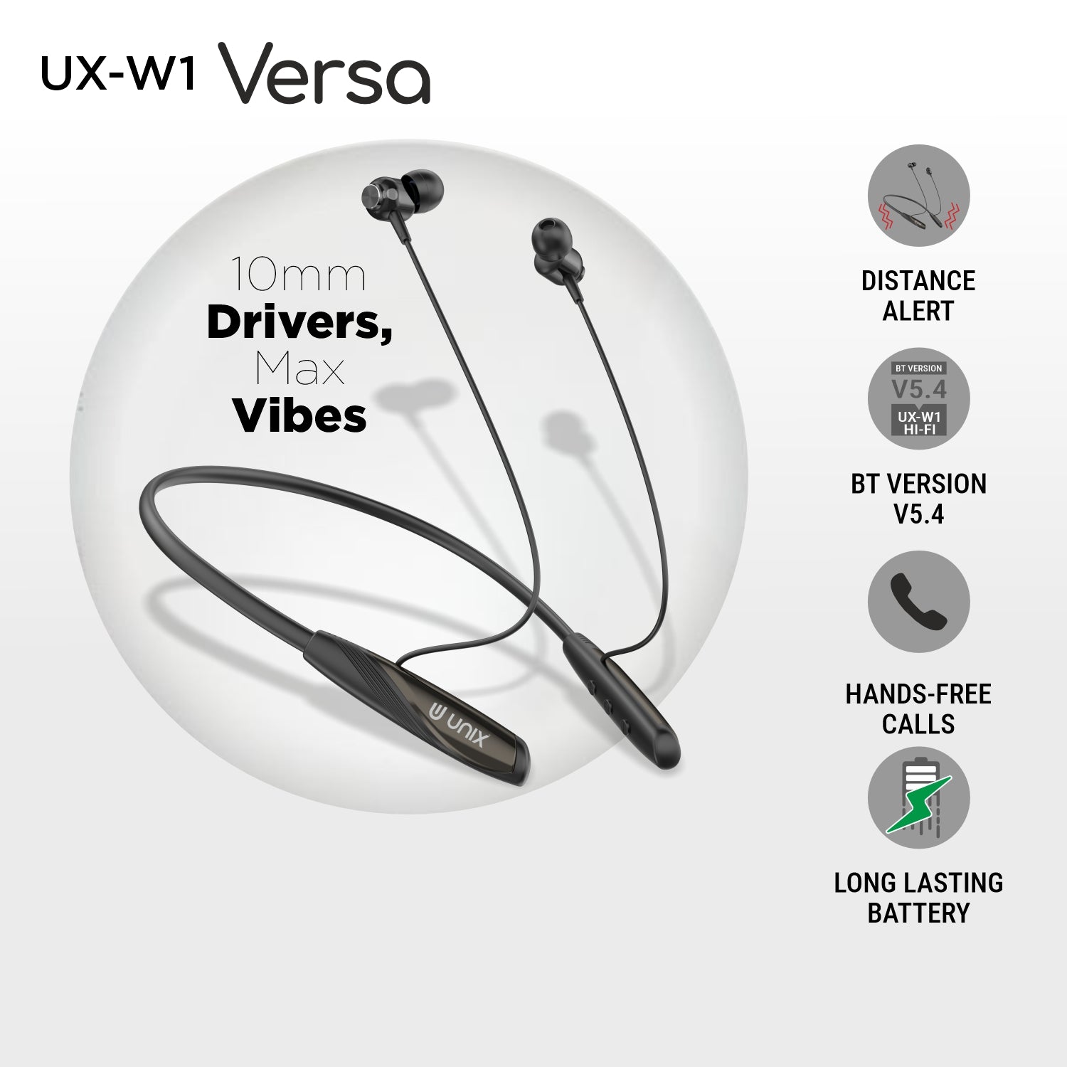 Unix UX-W1 Versa Wireless Neckband – 100H Playtime, Hi-Fi Bass