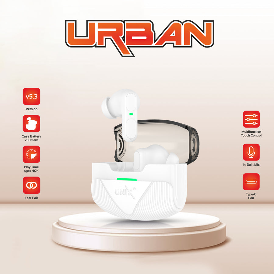 Unix UX-W200 Urban Wireless Earbuds | 40H Playtime & Multifunction Touch Control White back