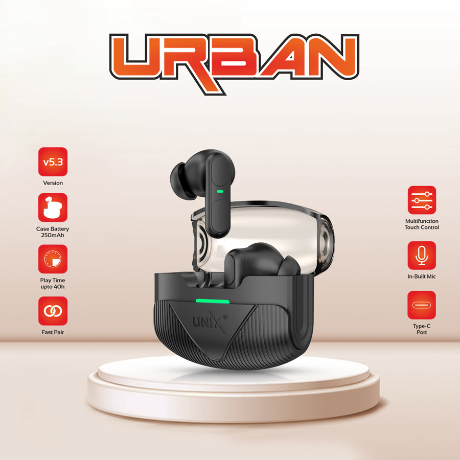 Unix UX-W200 Urban Wireless Earbuds | 40H Playtime & Multifunction Touch Control Black back