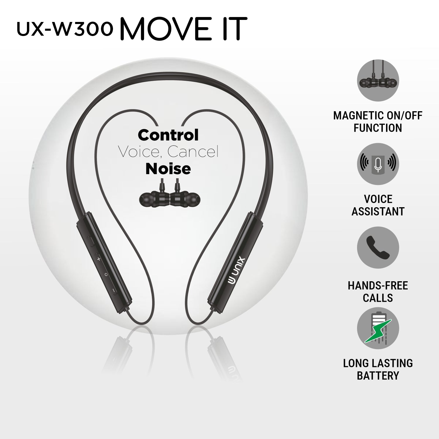 Unix Movie-It UX-W300 Bluetooth Neckband – 62 Hours Playtime, ENC, Super Bass