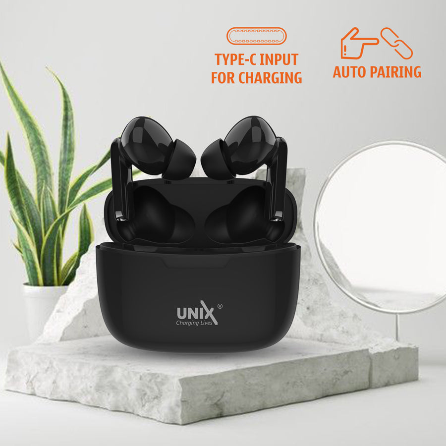 Unix UX-W4 Wireless Earbuds with Touch Sensor Black design'