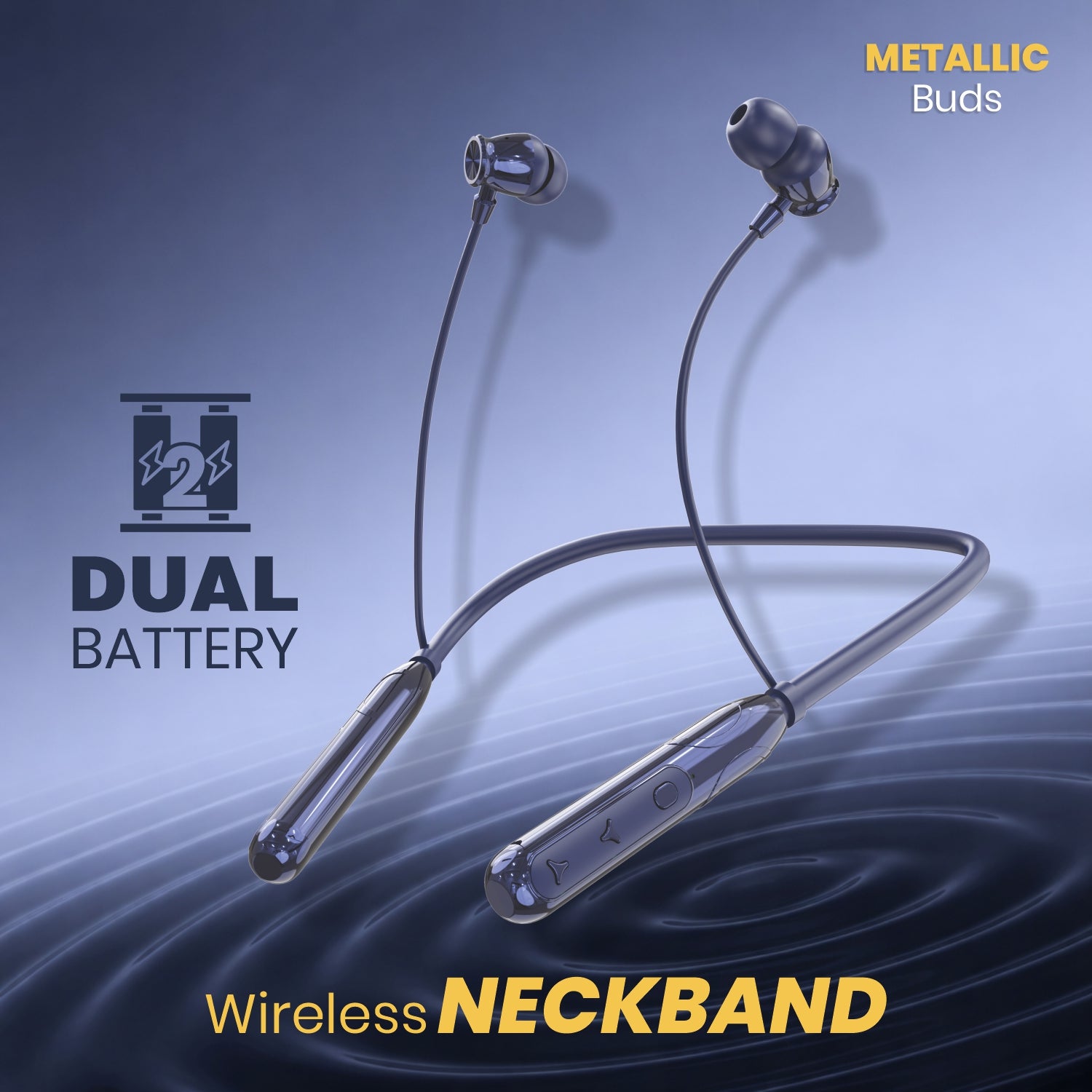 Wireless neckband with dual battery feature on a blue gradient background