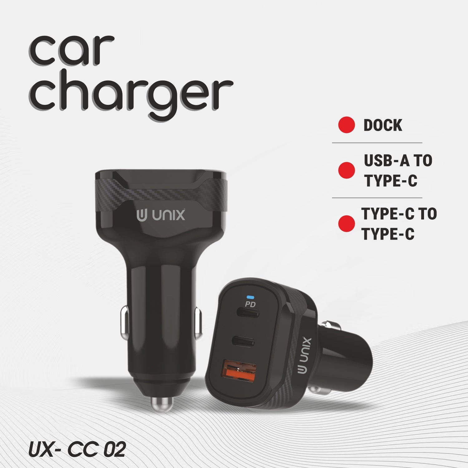 UNIX CC02 – 80W Triple Port Car Charger with PD & USB-A, Fast Charging & Multi-Protection