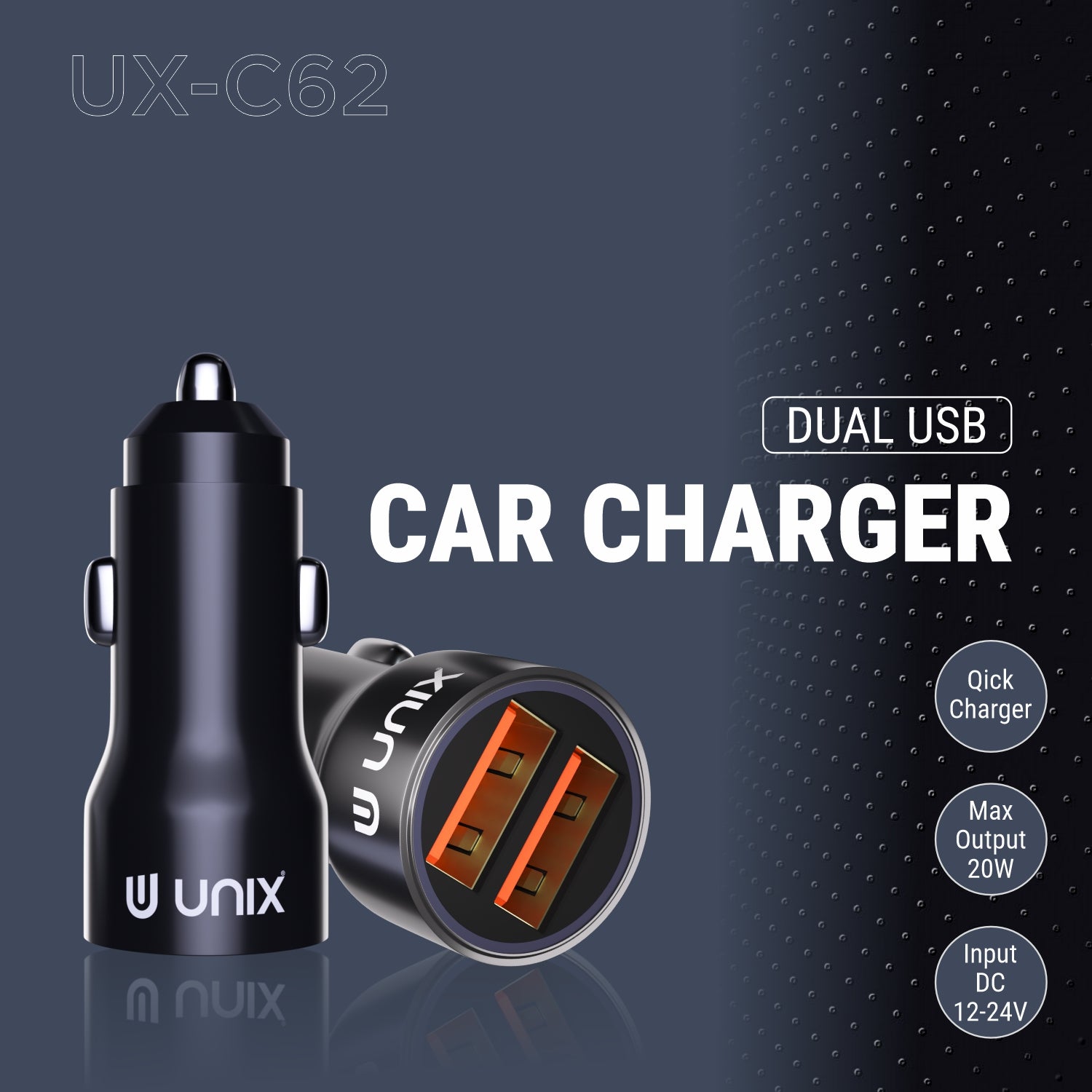 UX-C62 Dual USB Car Charger | 20W Fast Charging with Cable – Unix