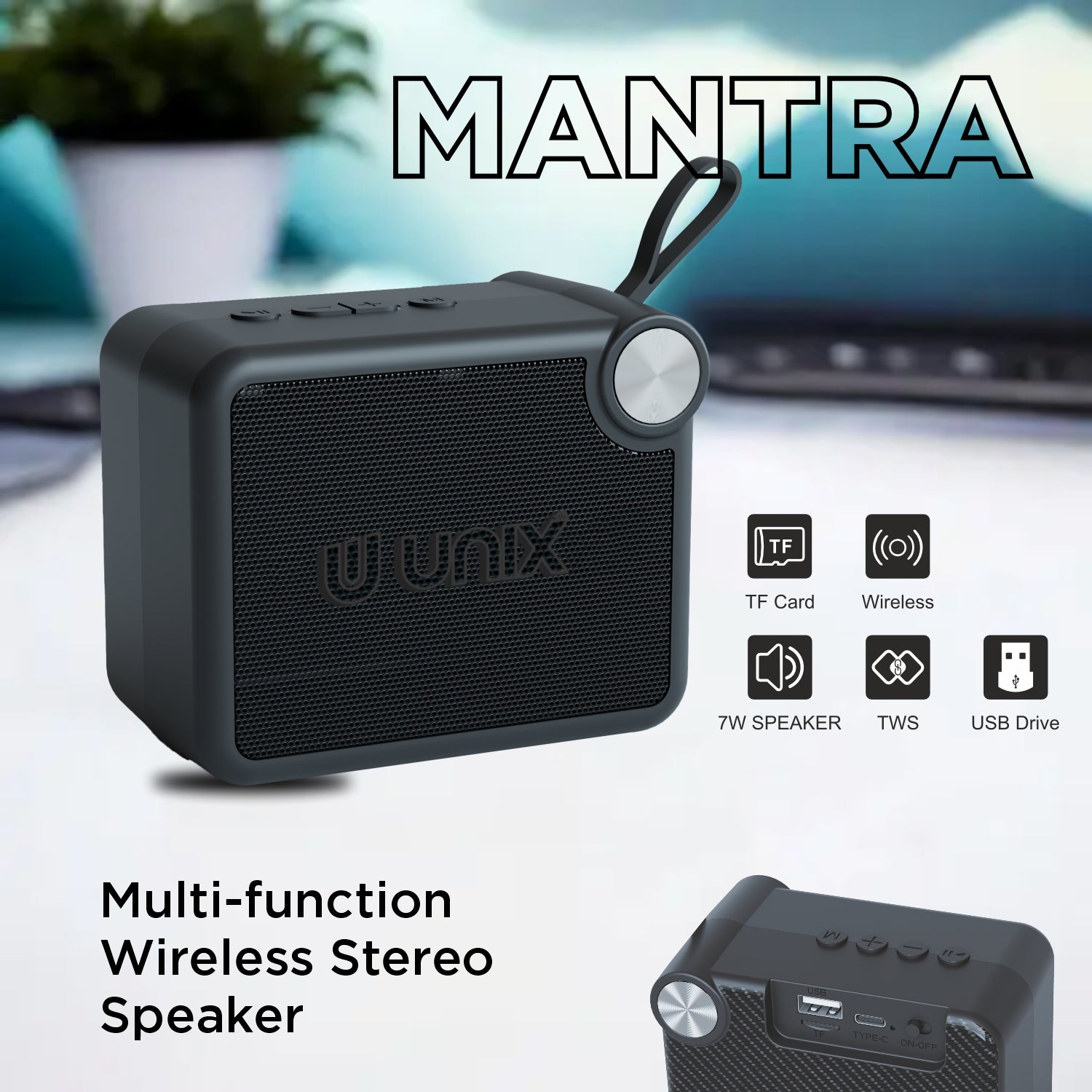 Unix Mantra 7W Wireless Bluetooth Speaker with TF Card, USB & Type-C Fast Charging