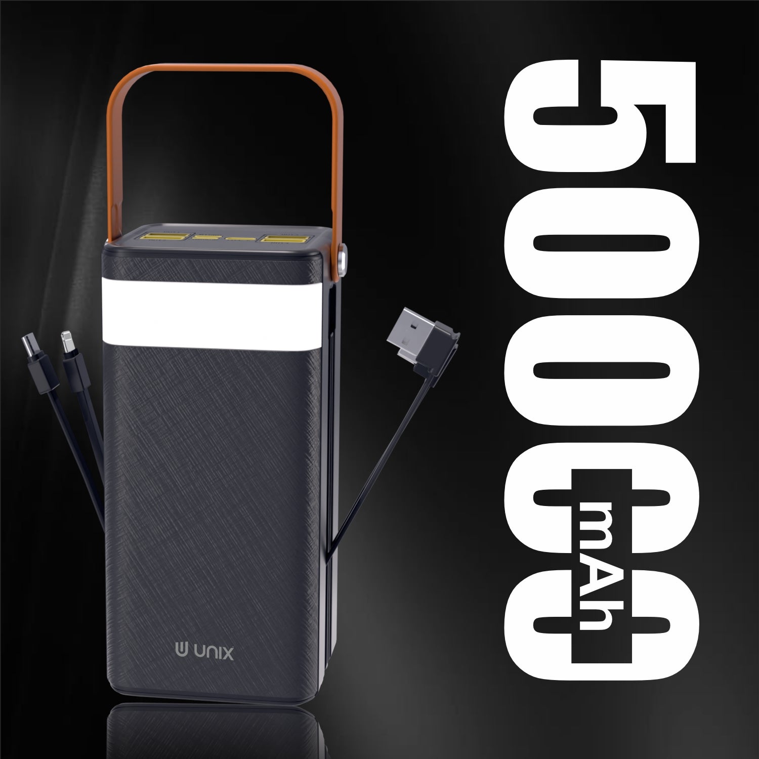 5000 mAH power bank with USB cable on a dark 