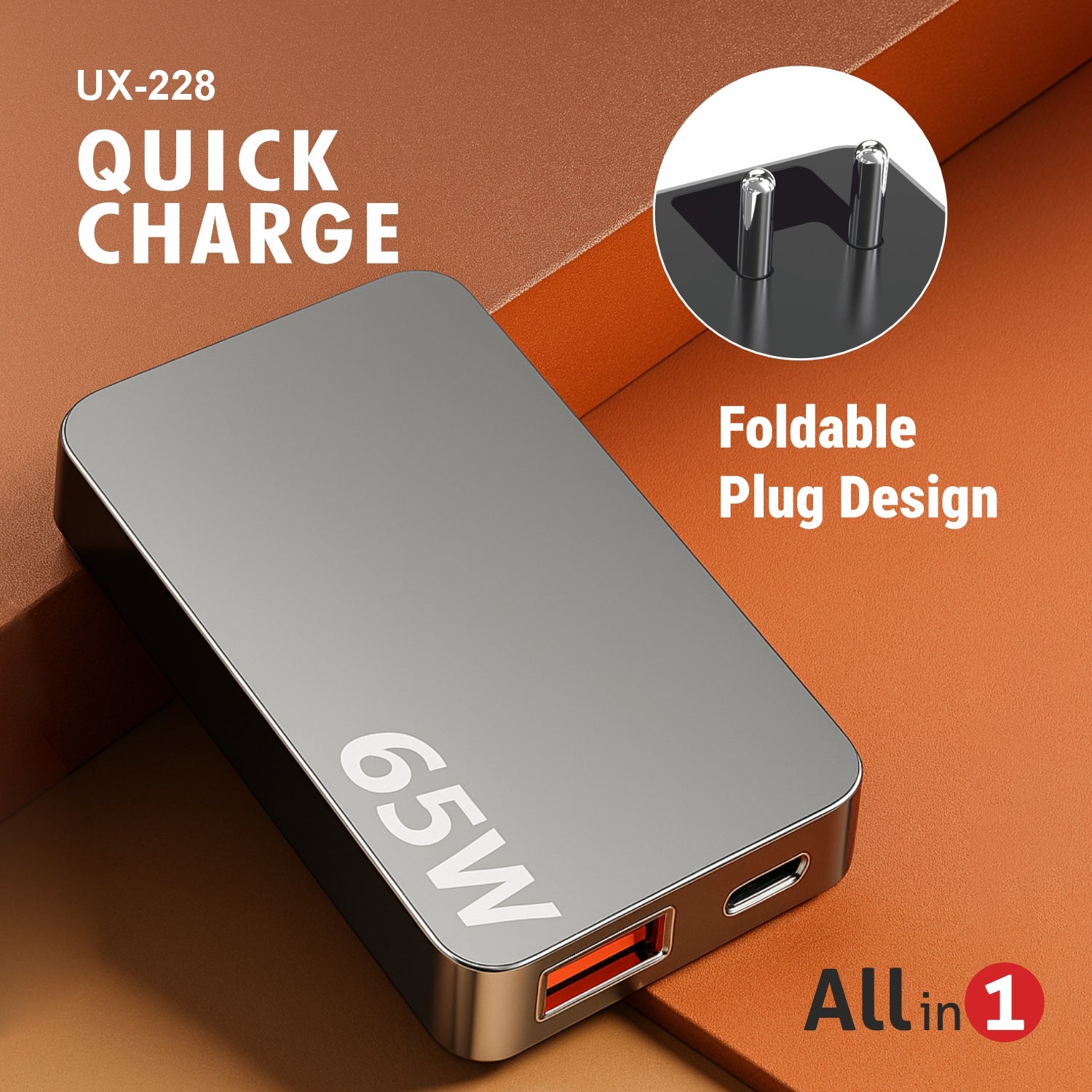 UNIX UX-228 – 65W Ultra Slim Fast Charger with Foldable Plug & Dual Port PD + USB-A