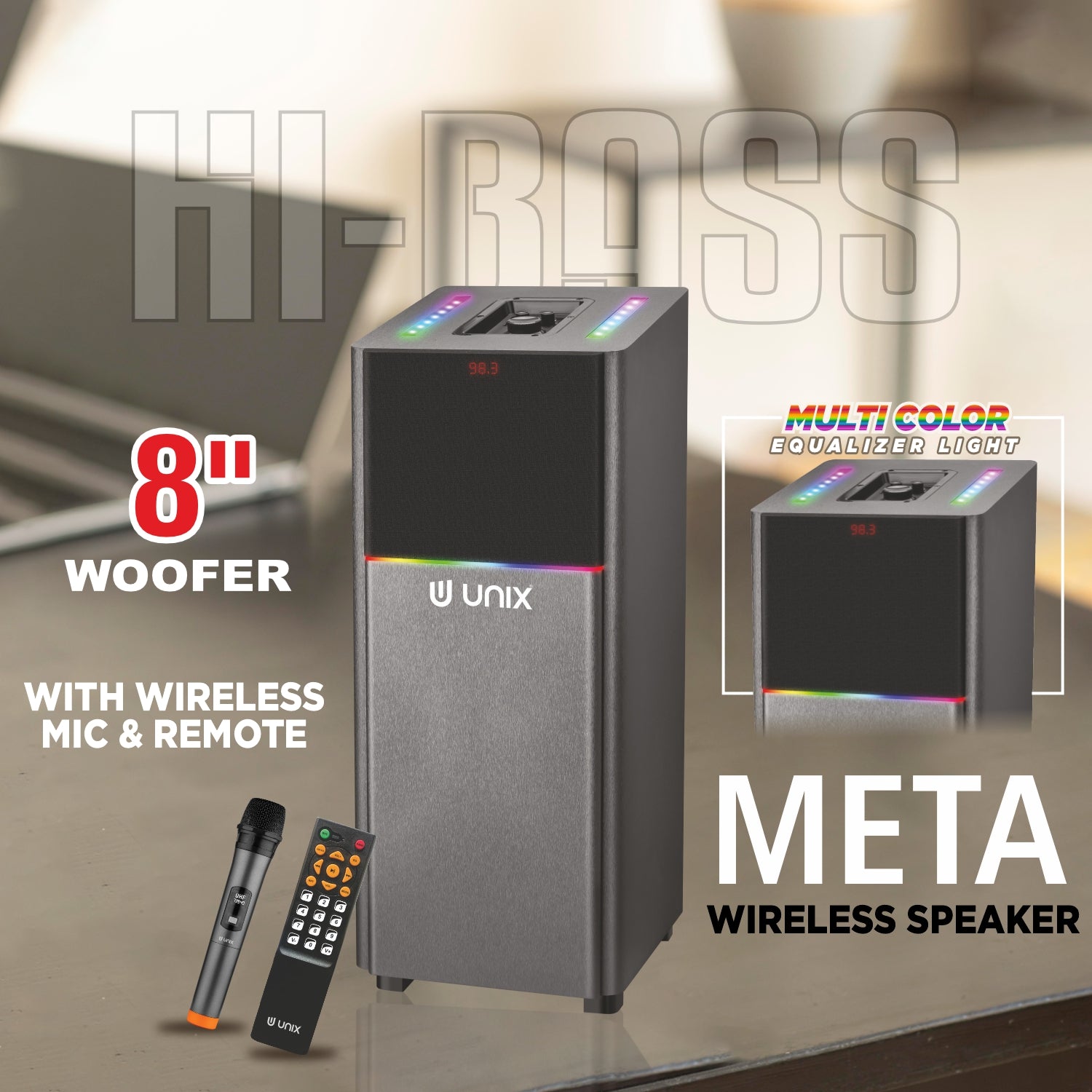 UNIX Meta 120W Super Bass Party Speaker with 8” Woofer, Wireless Mic, LED Display & Remote Control