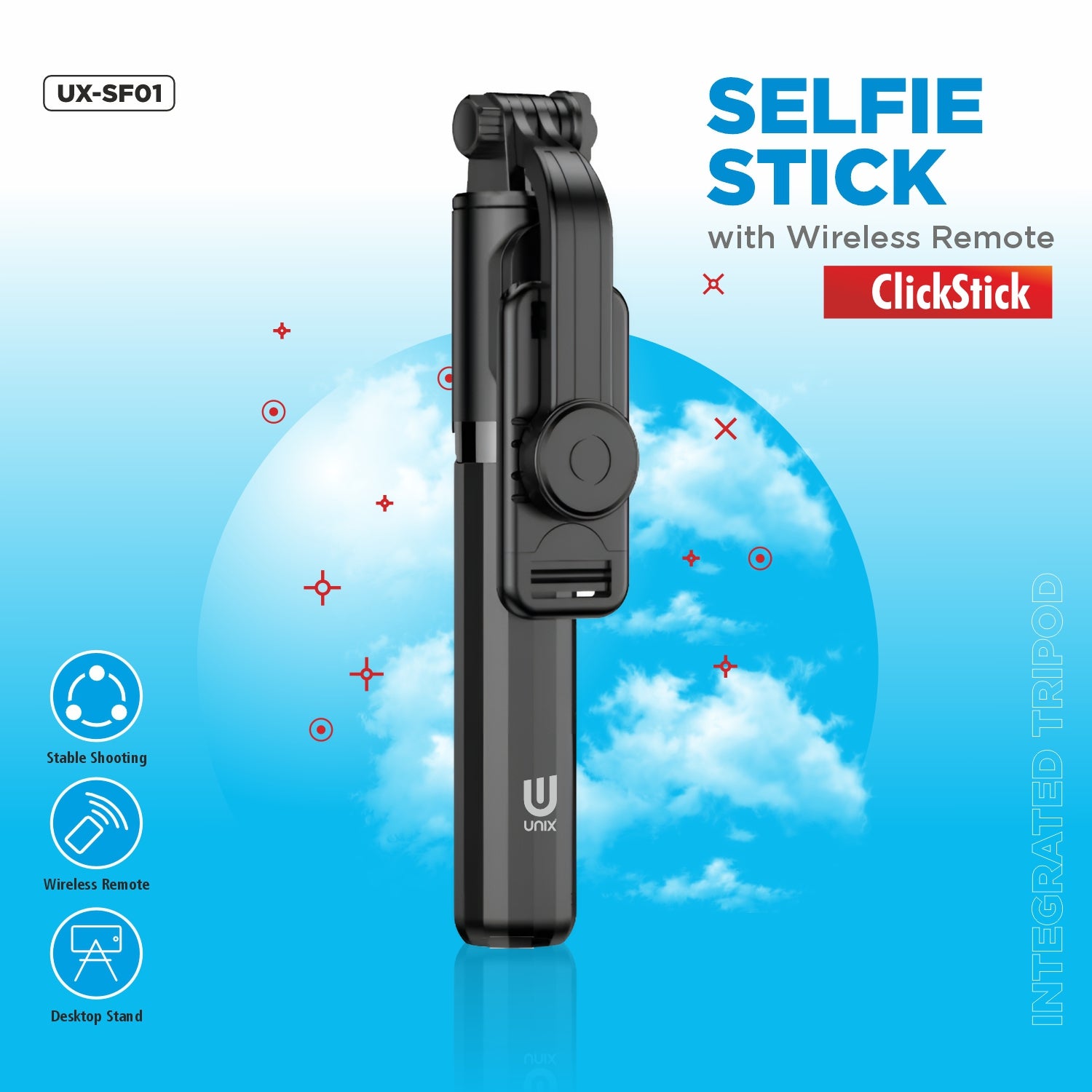 UNIX UX-SF01 ClickStick – 360° Rotating Selfie Stick with Tripod & Remote