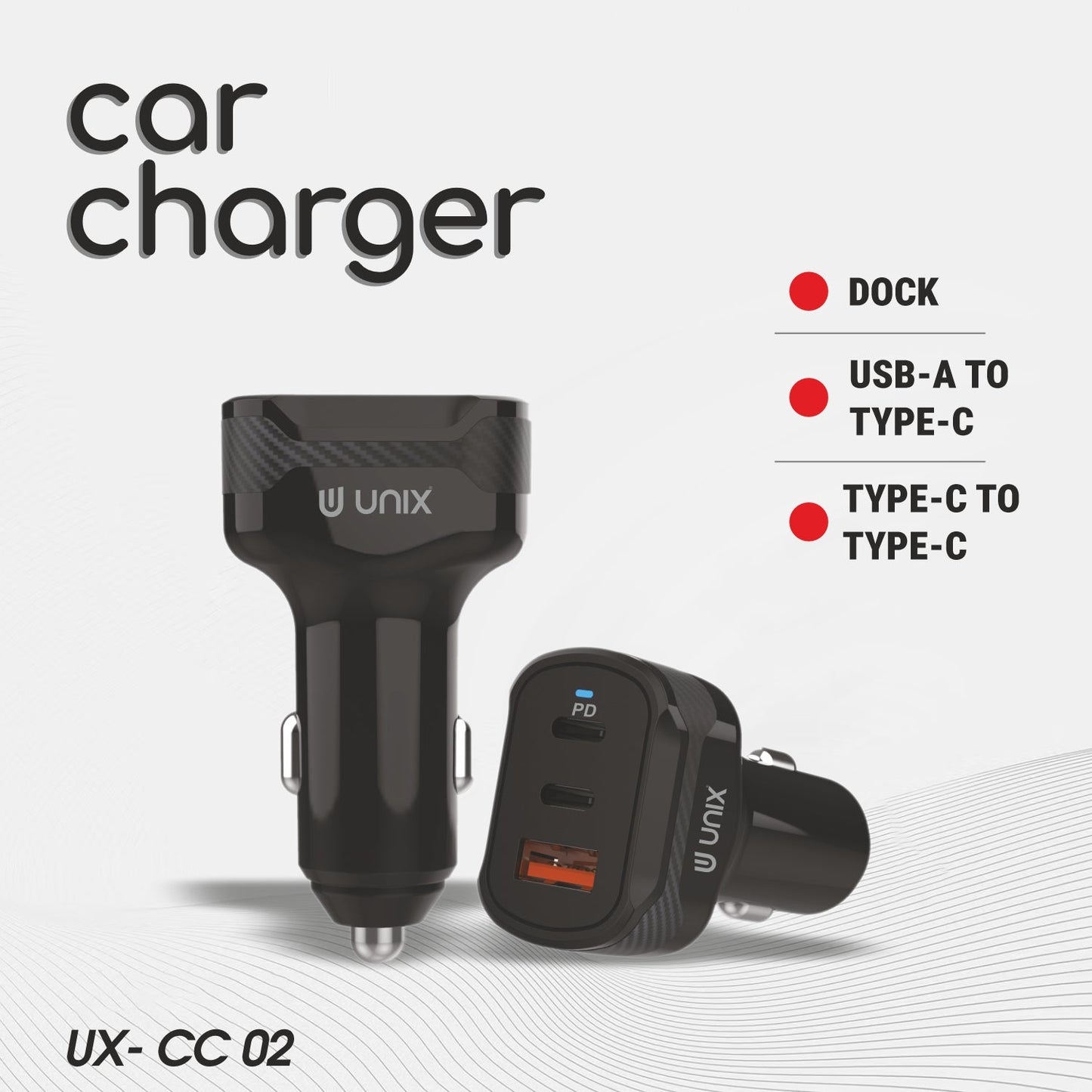 UNIX CC02 – 80W Triple Port Car Charger with PD & USB-A, Fast Charging & Multi-Protection