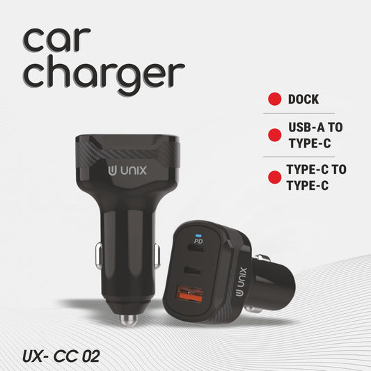 UNIX CC02 – 80W Triple Port Car Charger with PD & USB-A, Fast Charging & Multi-Protection
