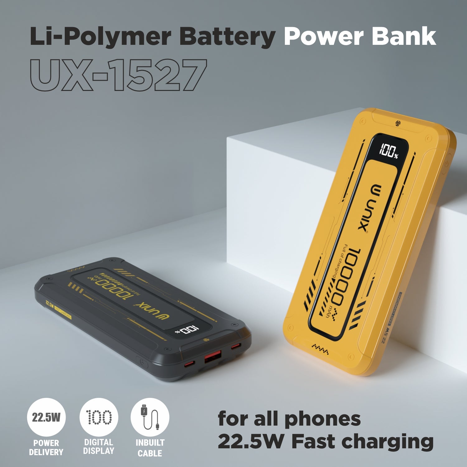 UNIX India UX-1527 10000mAh Power Bank with Inbuilt Cable, Digital Display, and Smart Chip