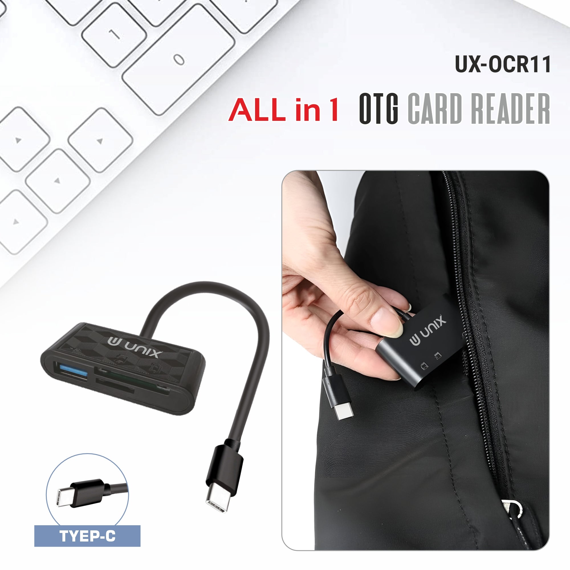 UNIX OCR 11 Type-C OTG Card Reader | Dual Slot SD/Micro SD + USB Adapter