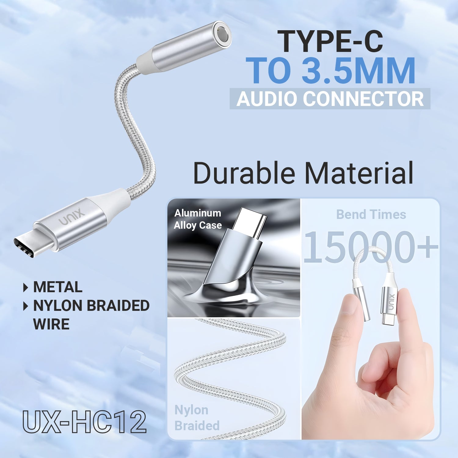 UNIX HC12 Type-C to 3.5mm Audio Connector | Smart DAC Chip | Braided & Durable