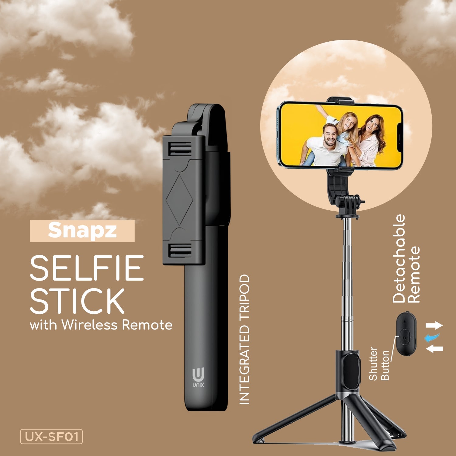 UNIX UX-SF01 Snapz Selfie Stick with Wireless Remote & 120° Rotation