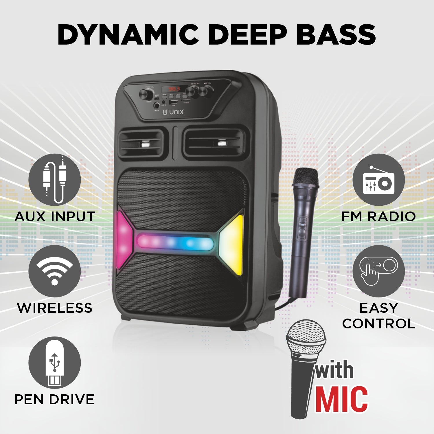 Unix Step Up 60W Wireless Party Speaker with Mic, RGB Lights, FM Radio & Deep Bass