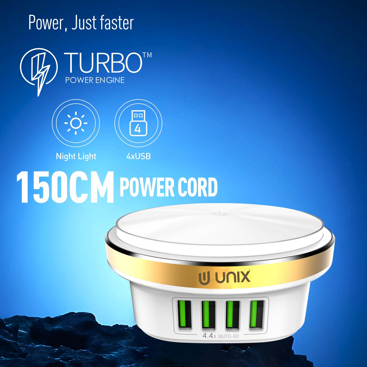 UNIX UX-211 | 4-Port USB Desktop Charger with LED Night Lamp – Quick Charge 4.4A | BIS Certified