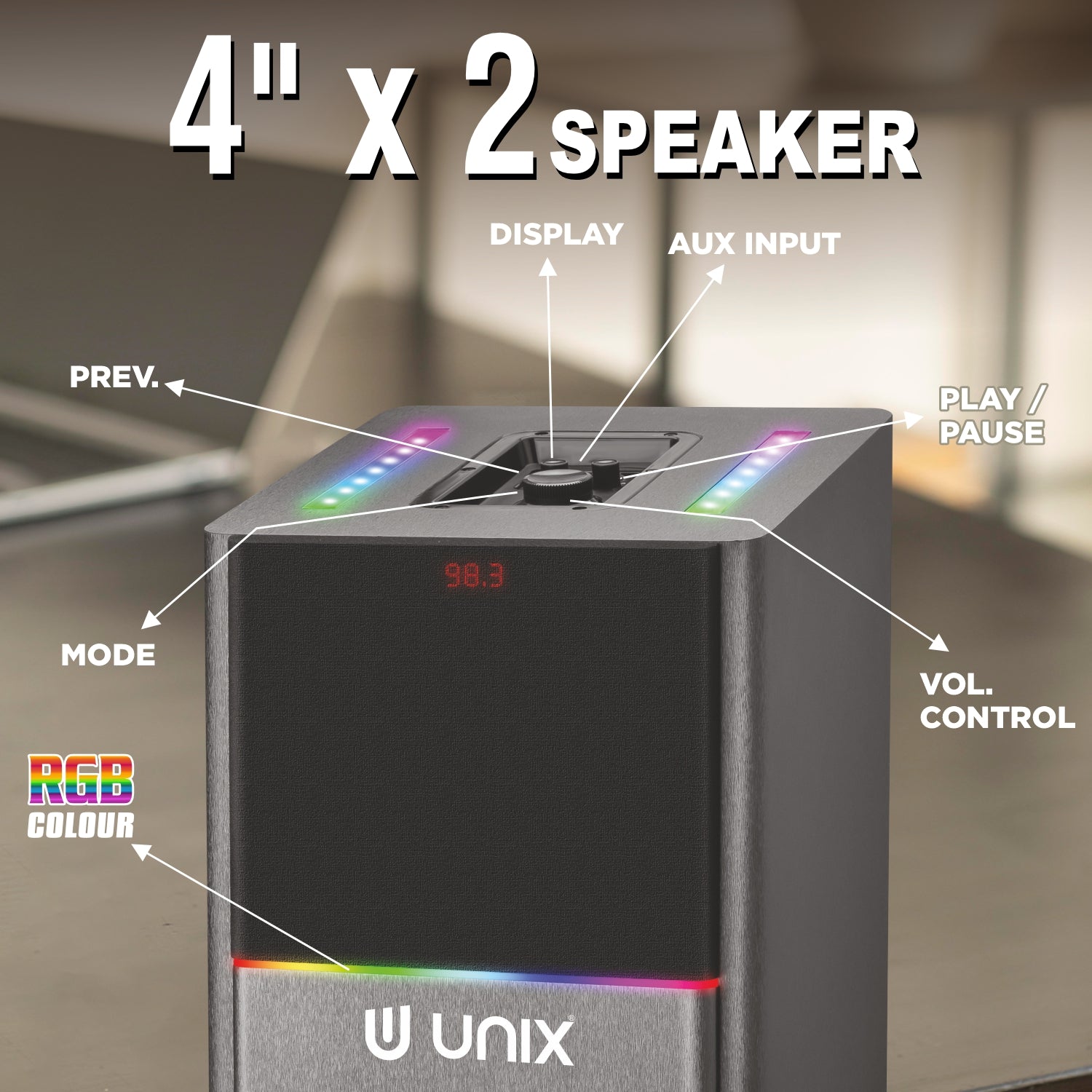UNIX Meta 120W Super Bass Party Speaker with 8” Woofer, Wireless Mic, LED Display & Remote Control