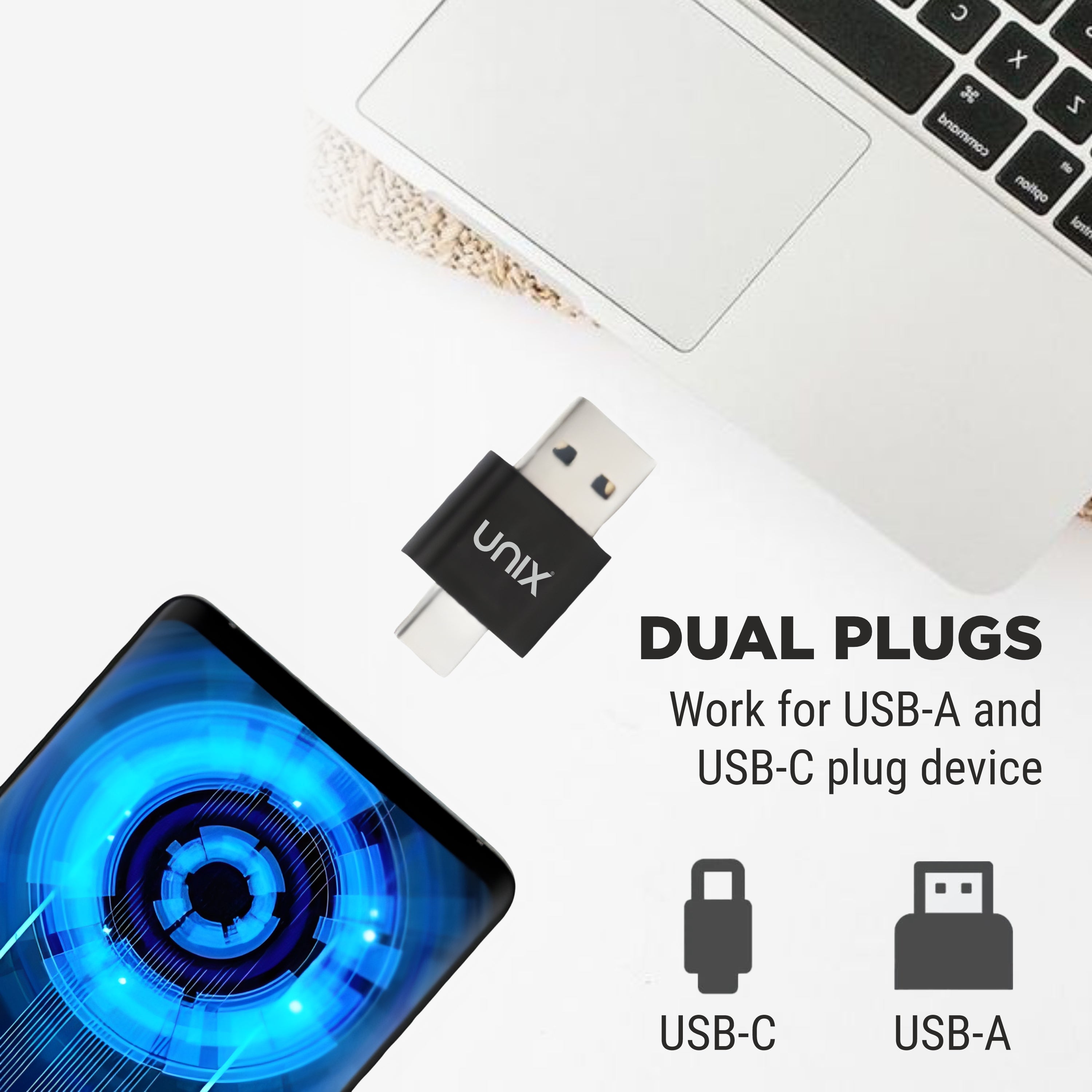 UNIX OT20 Dual Plug OTG + Card Reader | USB-A & Type-C | Hidden Design Adapter