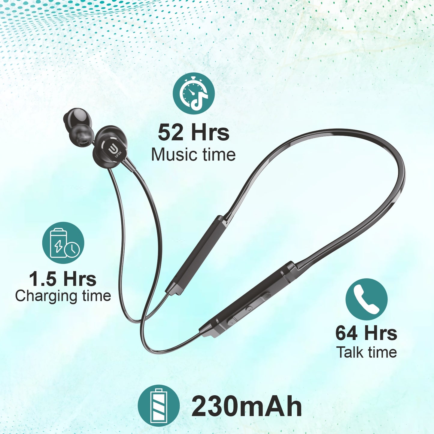 Wireless earbuds with charging cable on a light blue background, displaying battery life and charging time.