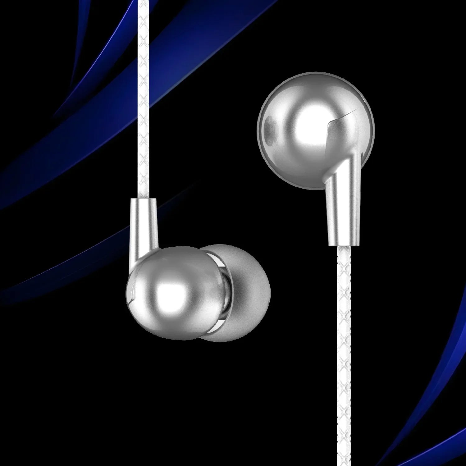 Silver earphones on a black and blue gradient background