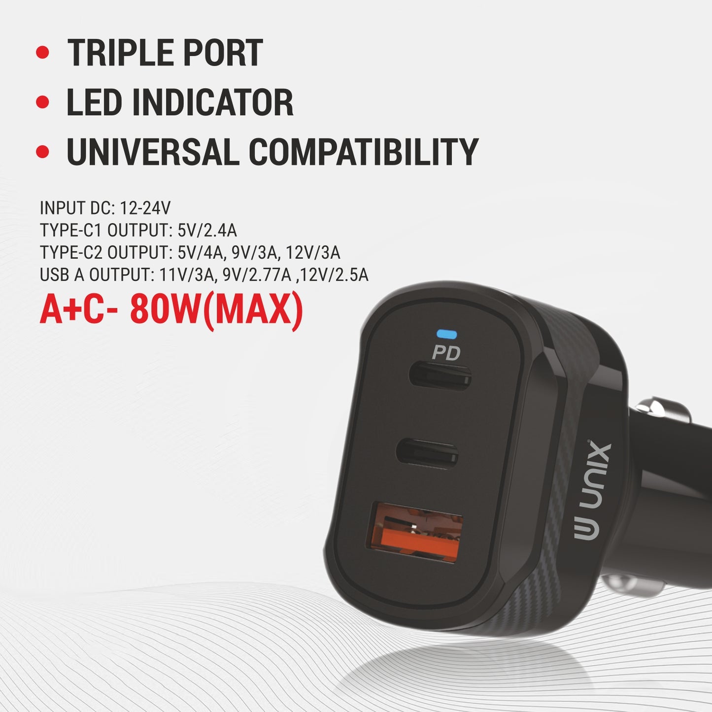 UNIX CC02 – 80W Triple Port Car Charger with PD & USB-A, Fast Charging & Multi-Protection