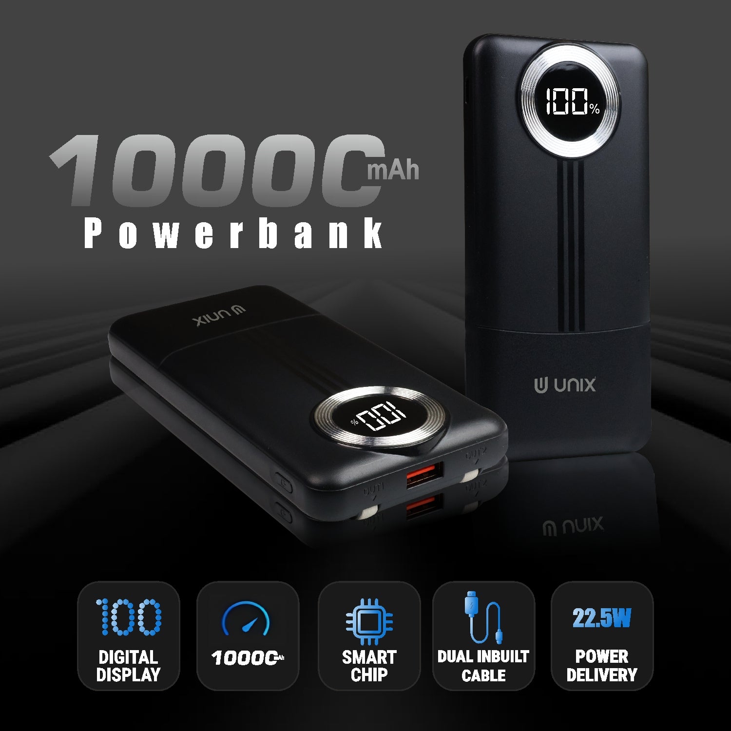 UNIX Ux-1534 Power Bank – 10000mAh, 22.5W Power Delivery, Dual Inbuilt Cables, Digital Display