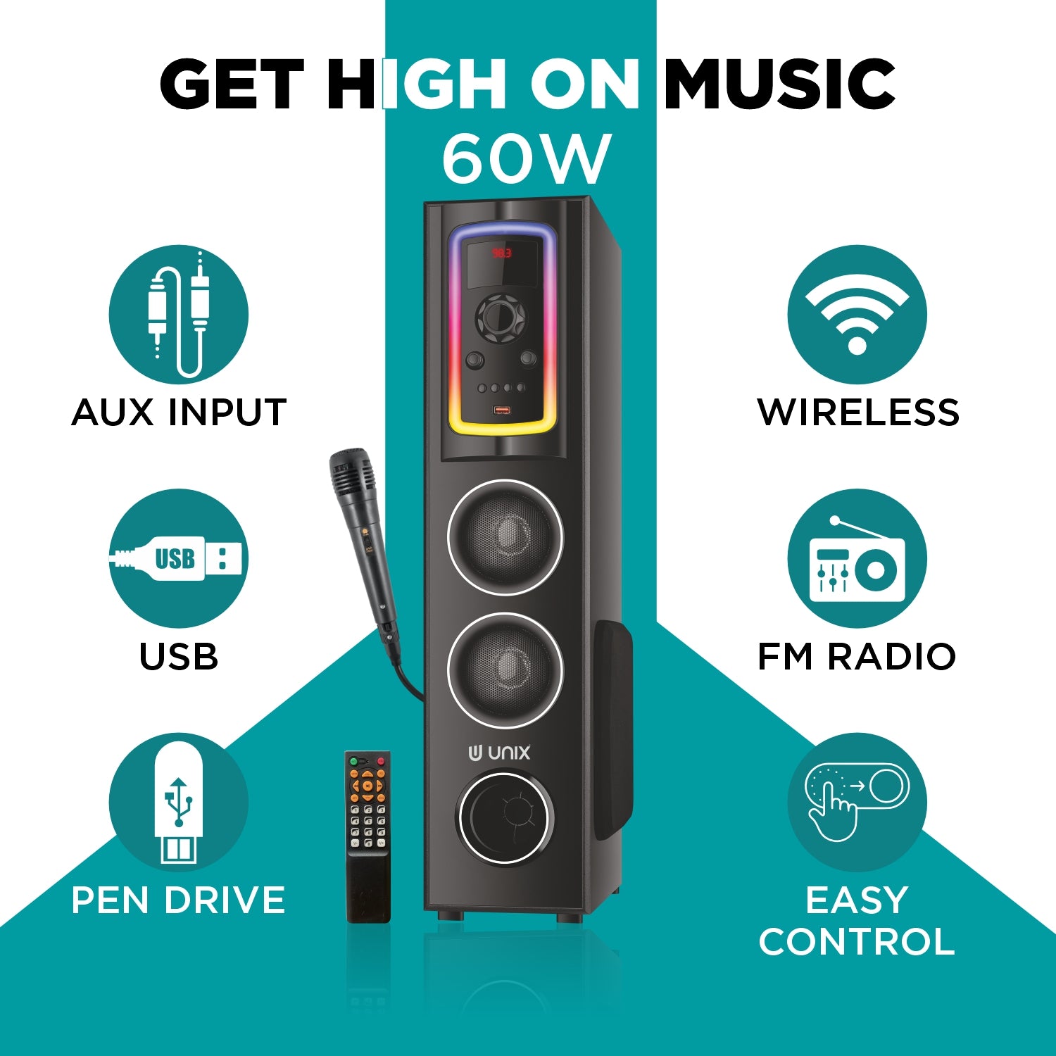 Unix Drake 60W Wireless Party Speaker – RGB Lights, Bass Control & Mic Support