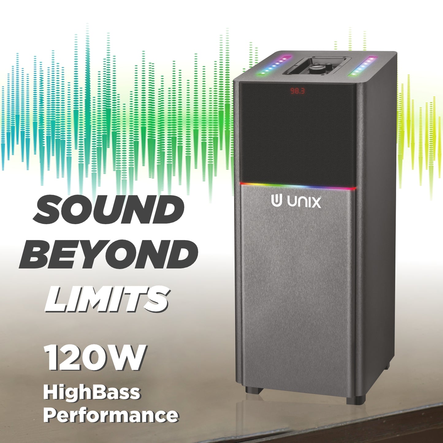 UNIX Meta 120W Super Bass Party Speaker with 8” Woofer, Wireless Mic, LED Display & Remote Control