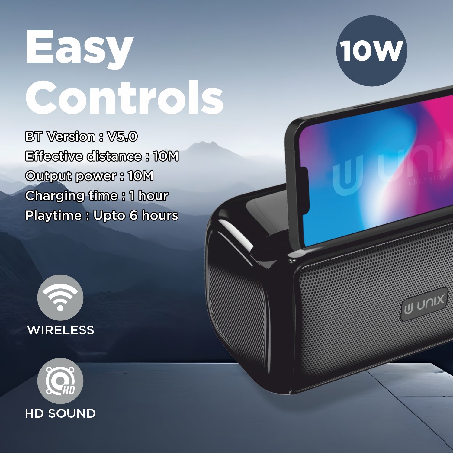 UNIX WaveBox 10W Portable Wireless Speaker – Deep Bass, 6H Playtime
