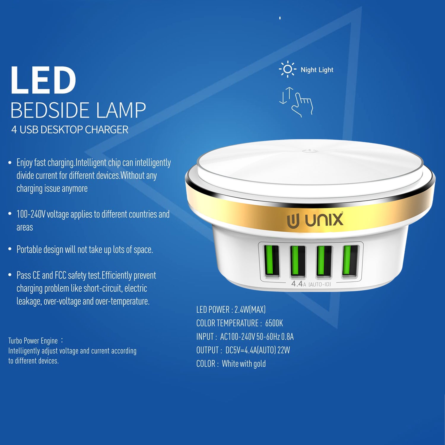 UNIX UX-211 | 4-Port USB Desktop Charger with LED Night Lamp – Quick Charge 4.4A | BIS Certified