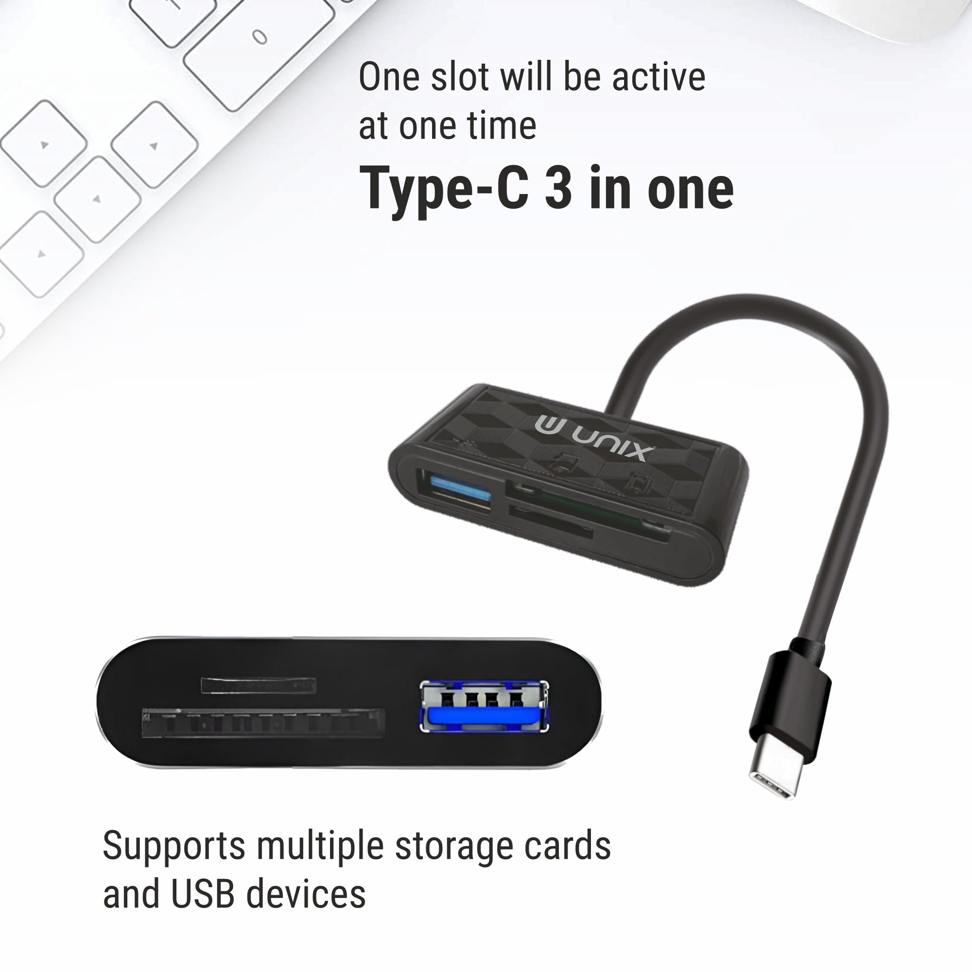 UNIX OCR 11 Type-C OTG Card Reader | Dual Slot SD/Micro SD + USB Adapter